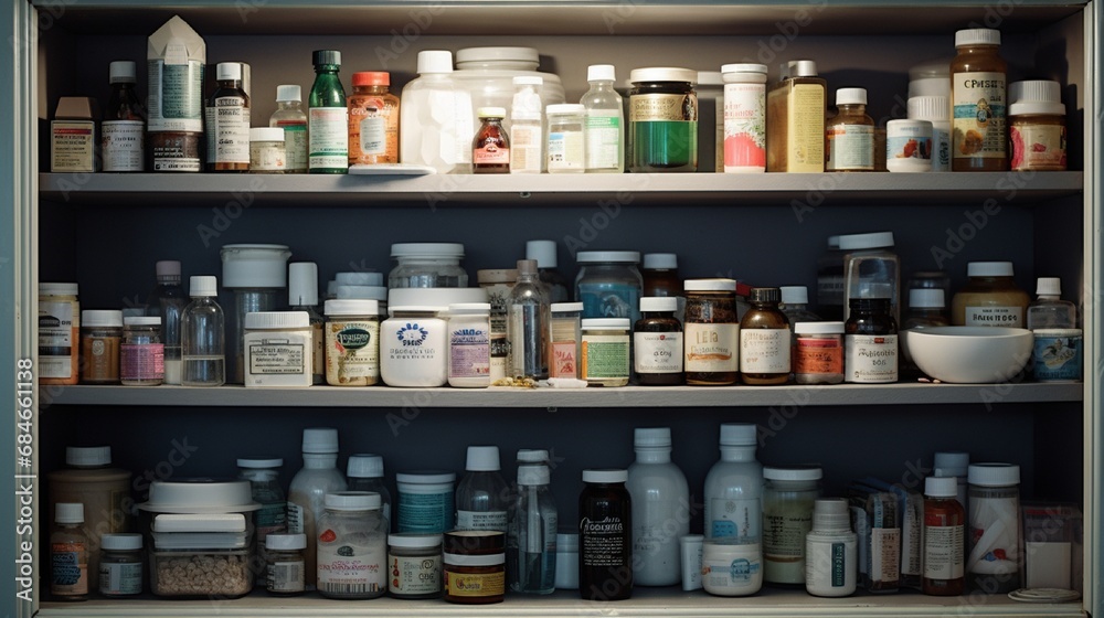 A well-stocked medicine cabinet with essential healthcare items and neatly arranged medications.