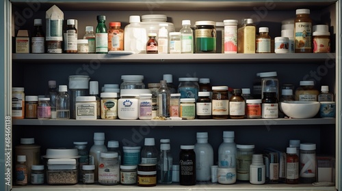 A well-stocked medicine cabinet with essential healthcare items and neatly arranged medications. © Usama