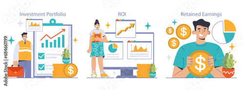 Financial growth set. Professionals analyzing investment portfolio, calculating ROI, celebrating retained earnings. Successful wealth accumulation. Flat vector illustration photo