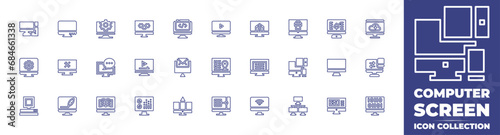 Computer screen line icon collection. Editable stroke. Vector illustration. Containing computer, tv monitor, location, data storage, monitor, responsive, network, coding, equalizer, email, graphic.