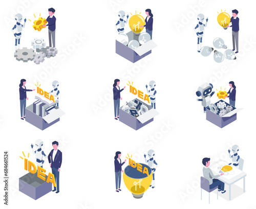 vector isometric illustraion set of business lightbulb idea concept with people and Artificial intelligence