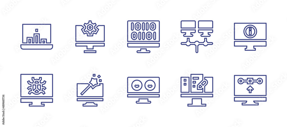 Computer screen line icon set. Editable stroke. Vector illustration. Containing computer, computing, information, photo editing, graphic design, binary, monitor.