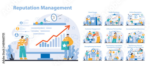 Reputation management set. Building relationship with targeted audience. Customer satisfaction, experience, and engagement with a brand. Public relations strategy. Flat vector illustration