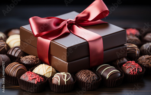 Chocolates in assorted flavors presented with an elegant red bow © Patrizia Paradiso