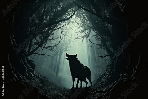 wolf silhouette in dark fantasy forest