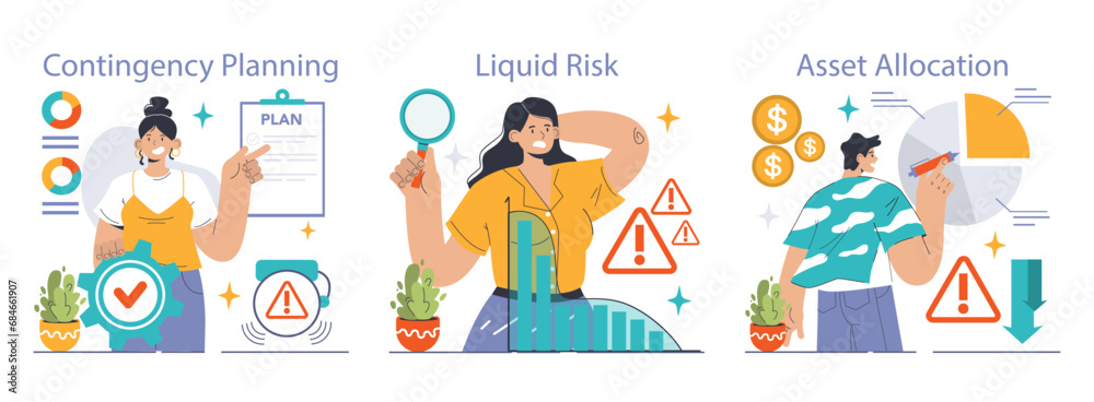 Risk Management set. Strategies for contingency planning, liquid risk assessment, and asset allocation. Addressing financial uncertainties and solutions. Flat vector illustration Risk Management set. Strategies for contingency planning, liquid risk assessment, and asset allocation. Addressing financial uncertainties and solutions. Flat vector illustration