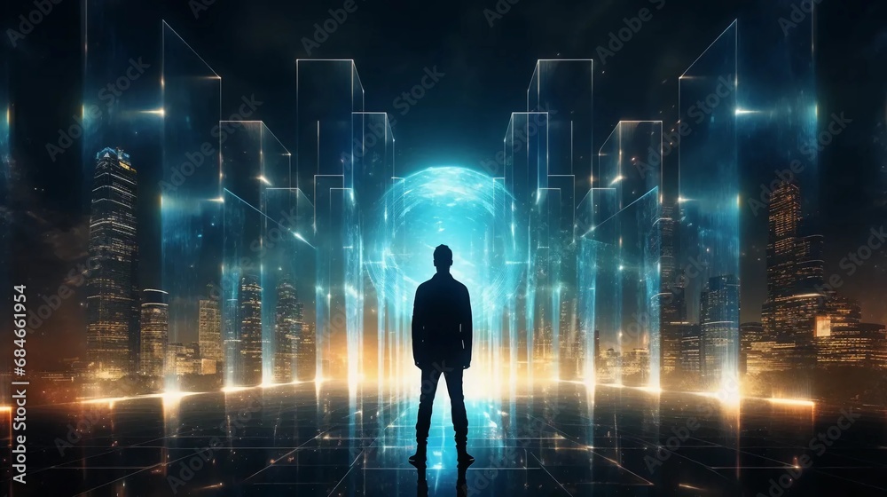 Man in the face of new technology, silhouette of a man learning about the technologies of the future Man in the face of new technology, silhouette of a man learning about the technologies of the future