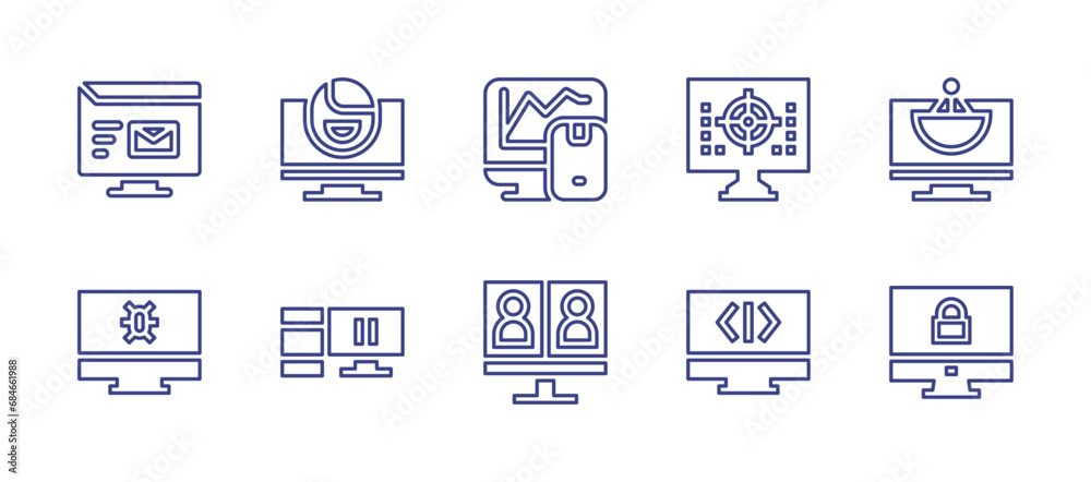 Computer screen line icon set. Editable stroke. Vector illustration. Containing statistics, virus, code, responsive, monitor, email, target, video conference.