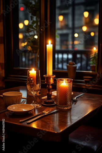 view of served table in restaurant interior, romantic atmosphere 