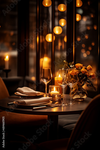 view of served table in restaurant interior, romantic atmosphere	