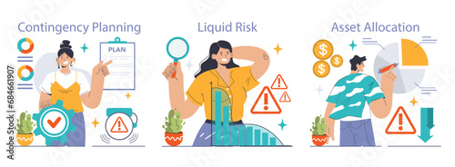 Risk Management set. Strategies for contingency planning, liquid risk assessment, and asset allocation. Addressing financial uncertainties and solutions. Flat vector illustration