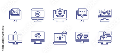 Computer screen line icon set. Editable stroke. Vector illustration. Containing error, dating, no connection, video call, email, message, graphic design, settings, pie chart.