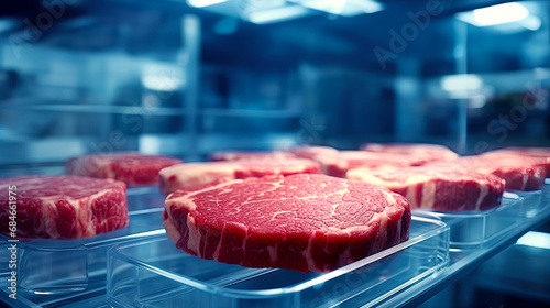 Sustainable meat production from organic substances in laboratory. Postproducted generative AI illustration.