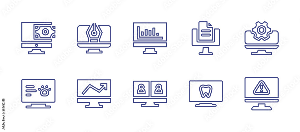 Computer screen line icon set. Editable stroke. Vector illustration. Containing stats, pet, dental, ecommerce, file, growth, warning, videocall, design, software testing.