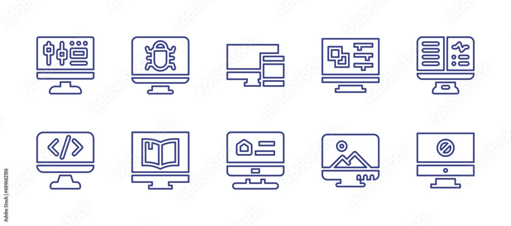 Computer screen line icon set. Editable stroke. Vector illustration. Containing computer, responsive, audio, settings, virus, desktop, ebook, monitor, code.