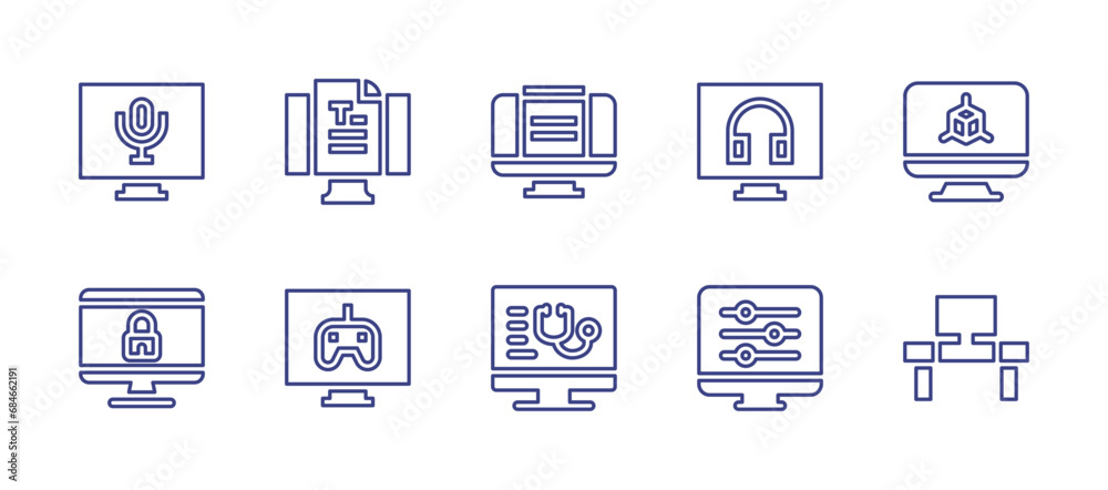 Computer screen line icon set. Editable stroke. Vector illustration. Containing voice recorder, headphones, gamepad, table, monitor, settings, blog, d modeling, medicine, notes.