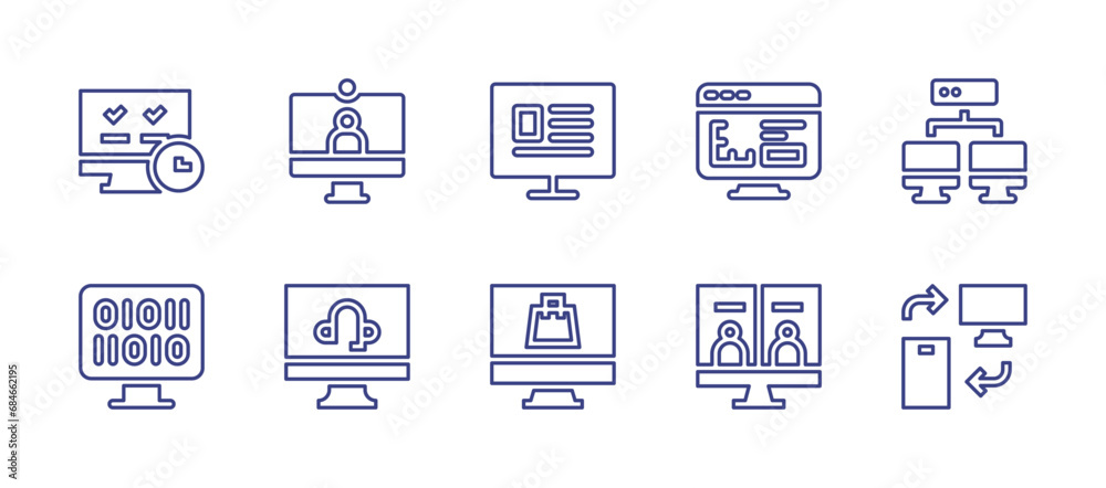 Computer screen line icon set. Editable stroke. Vector illustration. Containing registration, shopping, work time, graphic design, binary, videocall, video conference, server, online support, transfer