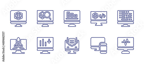 Computer screen line icon set. Editable stroke. Vector illustration. Containing screen, code, startup, responsive, explorer, algorithm, bar graph, monitoring, monitor, bot.