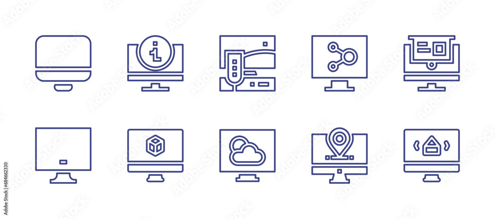 Computer screen line icon set. Editable stroke. Vector illustration. Containing monitor, computer, computer screen, tv, information, elearning, d modeling, real estate, weather.