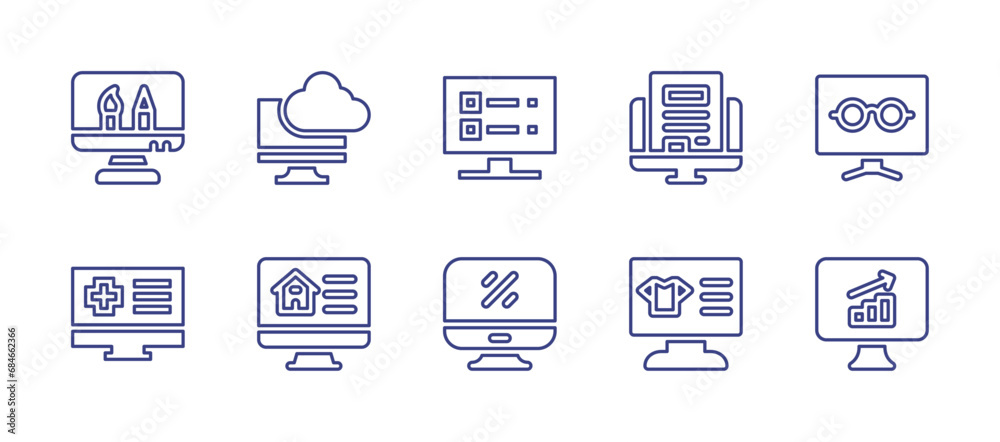 Computer screen line icon set. Editable stroke. Vector illustration. Containing graphic design, article, medical history, product description, cloud computing, reading mode, ecommerce, analytics.