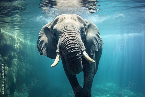 Swimming African Elephant Underwater. Big elephant in ocean with air bubbles and reflections on water surface