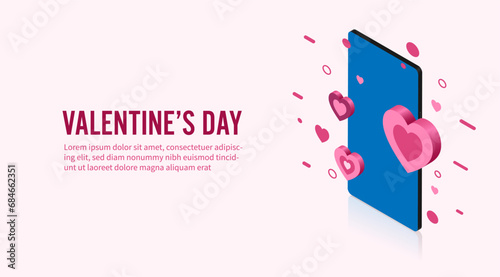 Smartphone and 3d isometric heart. Valentine's day love application concept