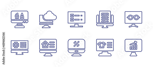 Computer screen line icon set. Editable stroke. Vector illustration. Containing graphic design, article, medical history, product description, cloud computing, reading mode, ecommerce, analytics. photo