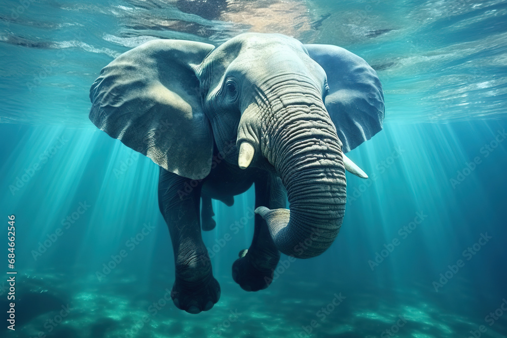 Swimming African Elephant Underwater. Big elephant in ocean with air bubbles and reflections on water surface - obrazy, fototapety, plakaty 