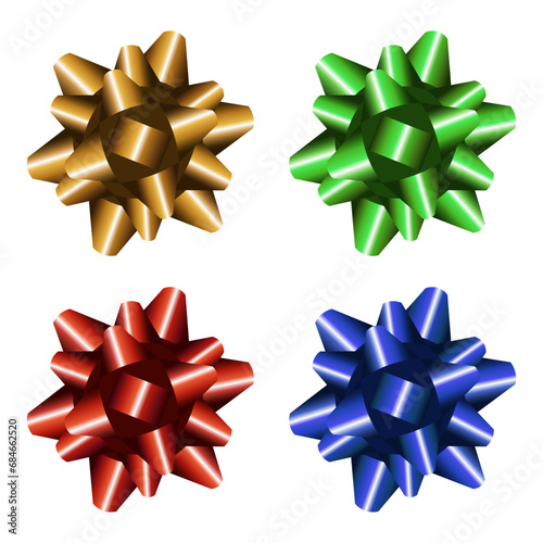 Set of colorful star bow from ribbon. Transparent background.