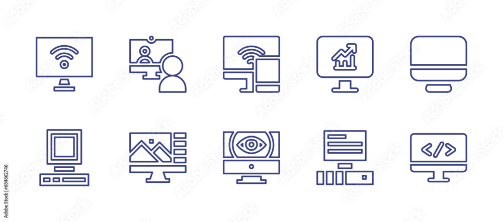 Computer screen line icon set. Editable stroke. Vector illustration. Containing computer, video call, image editor, monitor, response.
