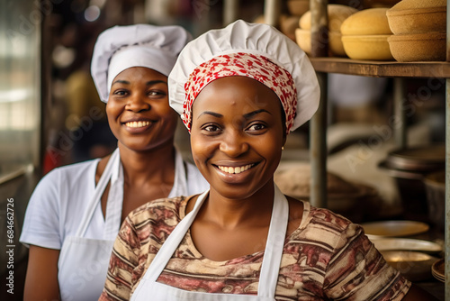 Smiling african female bakers looking at camera.Chefs baker in a chef dress and hat, cooking together in kitchen.