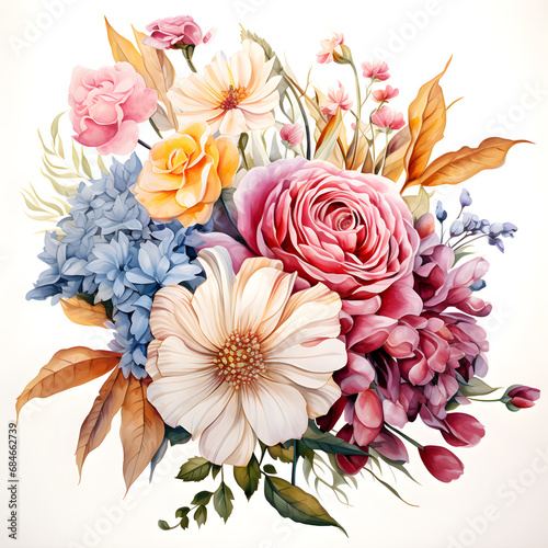 Roses, Lilies, Orchids, Carnations, Peonies, Gerbera Daisies, Hydrangeas, Flowers, Watercolor illustrations photo
