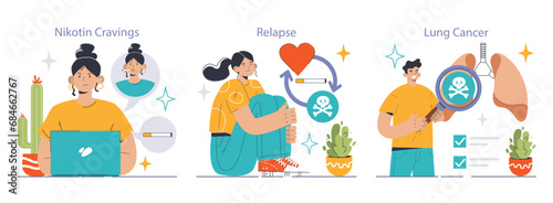 Smoking cessation journey set. Woman fights nicotine cravings, enduring heartbreak of relapse, man detects early signs of lung cancer. Dangers of smoking. Health risks, prevention awareness.