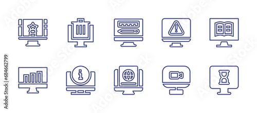 Computer screen line icon set. Editable stroke. Vector illustration. Containing computer, monitor, trash bin, ebook, design, warning, graphs, video call, online.