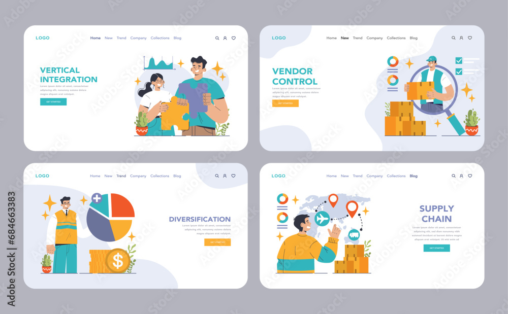 Vertical integration web or landing set. Company's supply chain optimization and control. Business strategy from manufacturing to sales. Optimized production flow. Flat vector illustration