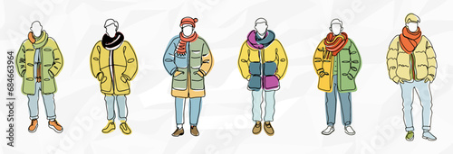 Stilvolle Wintermänner: Bundle mit Männern in Pufferjacken als künstlerische Lineart-Illustrationen
