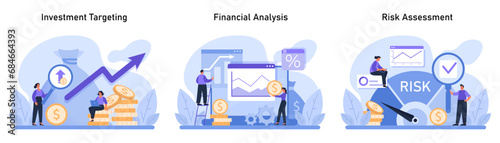Financial Mastery set. Focused on pinpointing growth opportunities, evaluating economic health, and mitigating monetary risks. Flat vector illustration