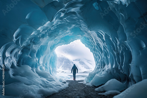 Mountain climber standing inside an icecave in a glacier in Iceland photo