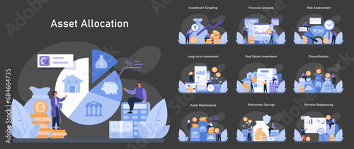 Asset Allocation set. Strategic investment planning and wealth growth. Efficient resource distribution, market analysis, and financial safety. Flat vector illustration