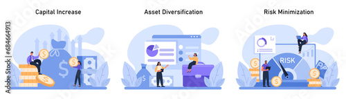 Capital Gain set. Building wealth through capital increase, diversifying assets, and minimizing risks. Strategies for financial stability and growth. Flat vector illustration
