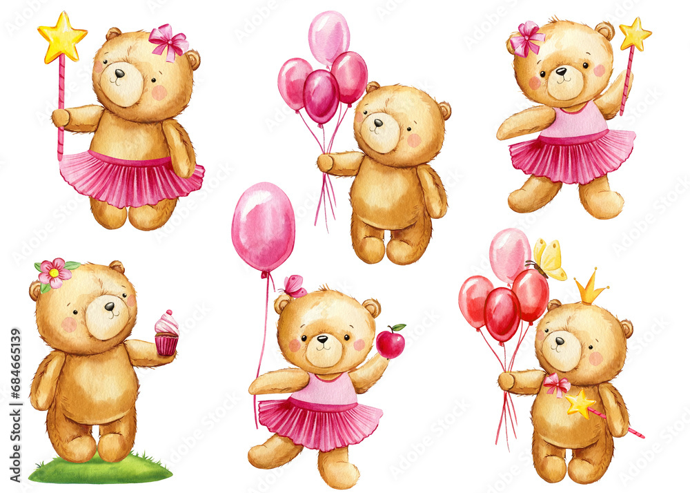 Fototapeta premium Set cute Teddy bears with balloons on isolated background. Watercolor hand drawn illustration clipart for kids birthday