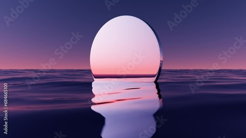  Wave sea beach and round mirror on sunset sky abstract background. Nature and summer concept. 3d render. photo