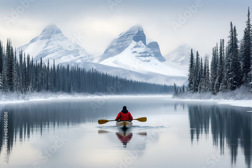 Male traveler in winter coat canoeing in Spirit Island on Maligne Lake at Jasper national park, AB, Canada photo
