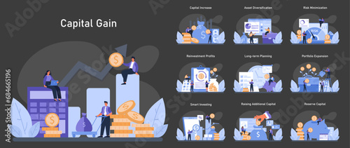 Capital Gain dark or night mode set. Enhancing financial growth through strategic investments. Methods of increasing wealth, securing assets, and ensuring future prosperity. Flat vector illustration.