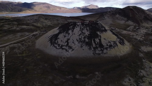 DRONE AERIAL FOOTAGE: The volcanic crater Stutur in Landmannalaugar highlands next to Frostastadavatn lake. Fjallabak Natural Reserve, Highlands of Iceland. photo