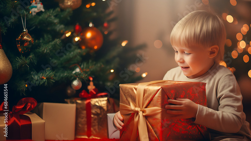 Cute little boy smiling opening Christmas gift box s near Christmas tree.