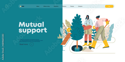 Mutual Support: Community yard improvement -modern flat vector concept illustration of people planting trees and plants A metaphor of voluntary, collaborative exchanges of resource, services
