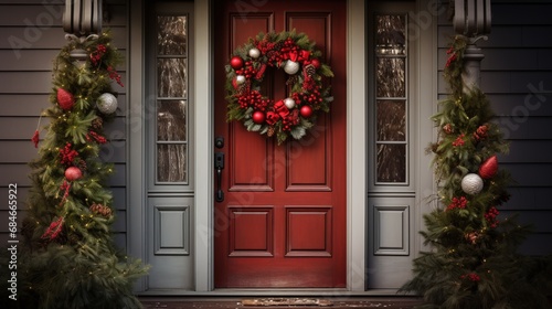 Beautiful Christmas Wreath Adorning a Front Door. Festive Elegance