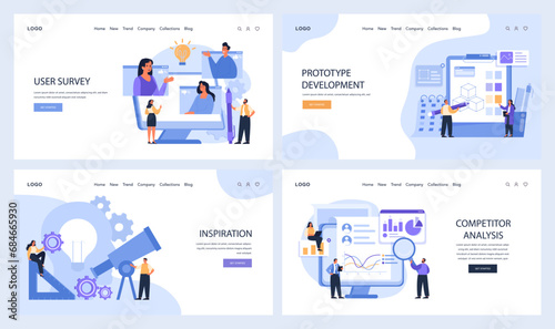 Design Thinking web or landing set. Digital stages from user survey to competitor analysis. Steps for web-based solution development, user interaction and data assessment. Flat vector