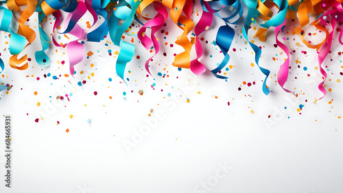 Colorful falling confetti on white background.